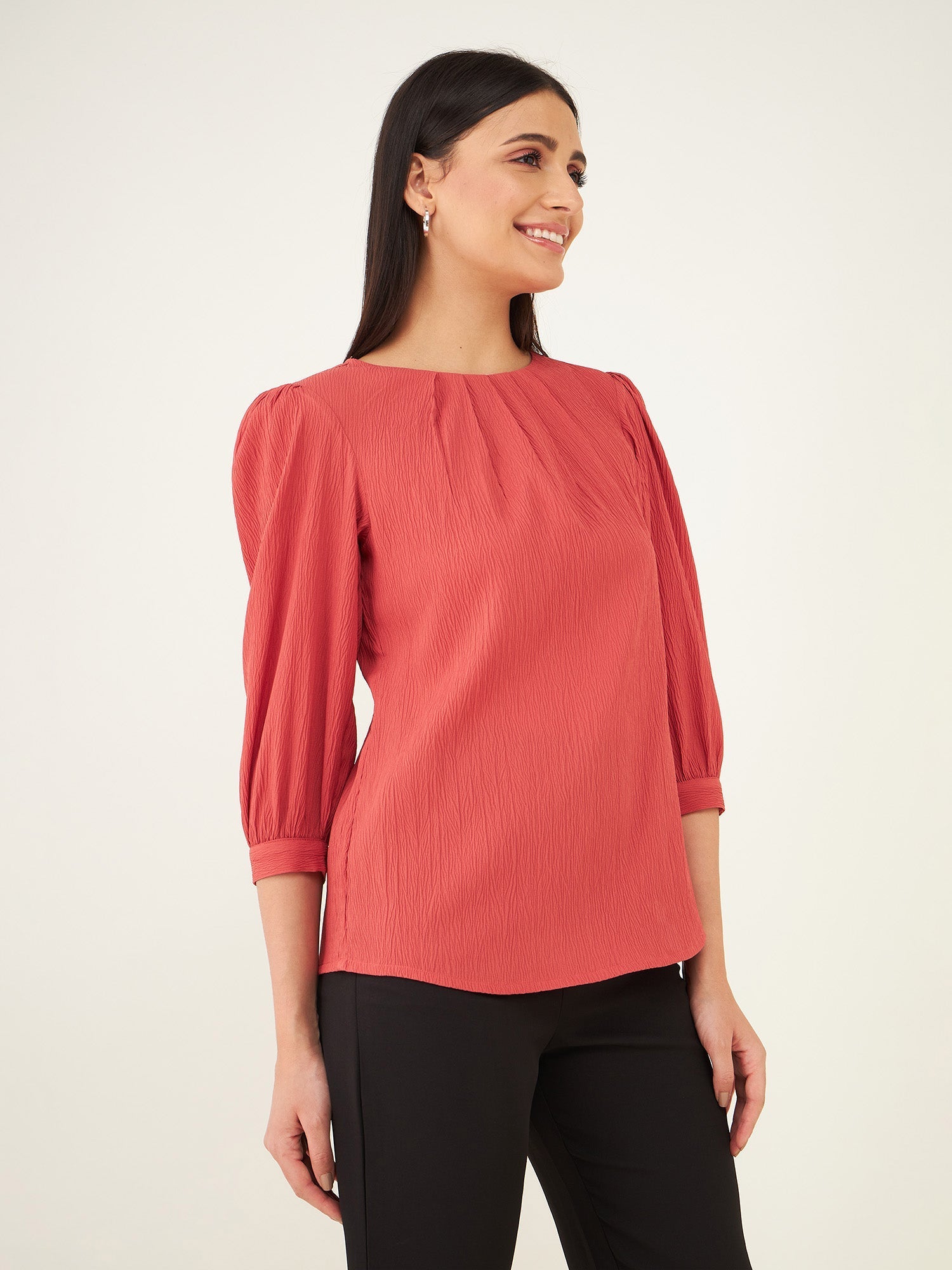Granada Plisse Pleated Neckline Top-Dark Peach