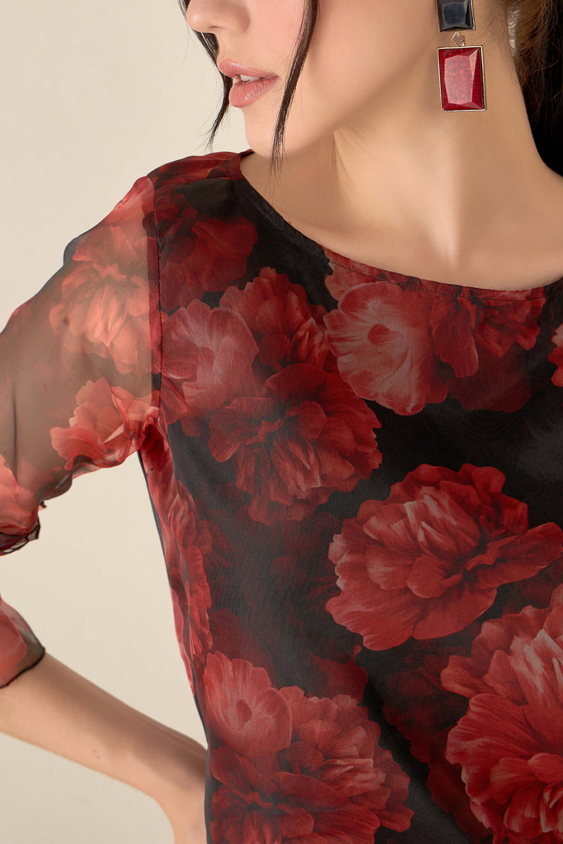 Asharfi Floral Ruffled Sleeves Top-Red/Black