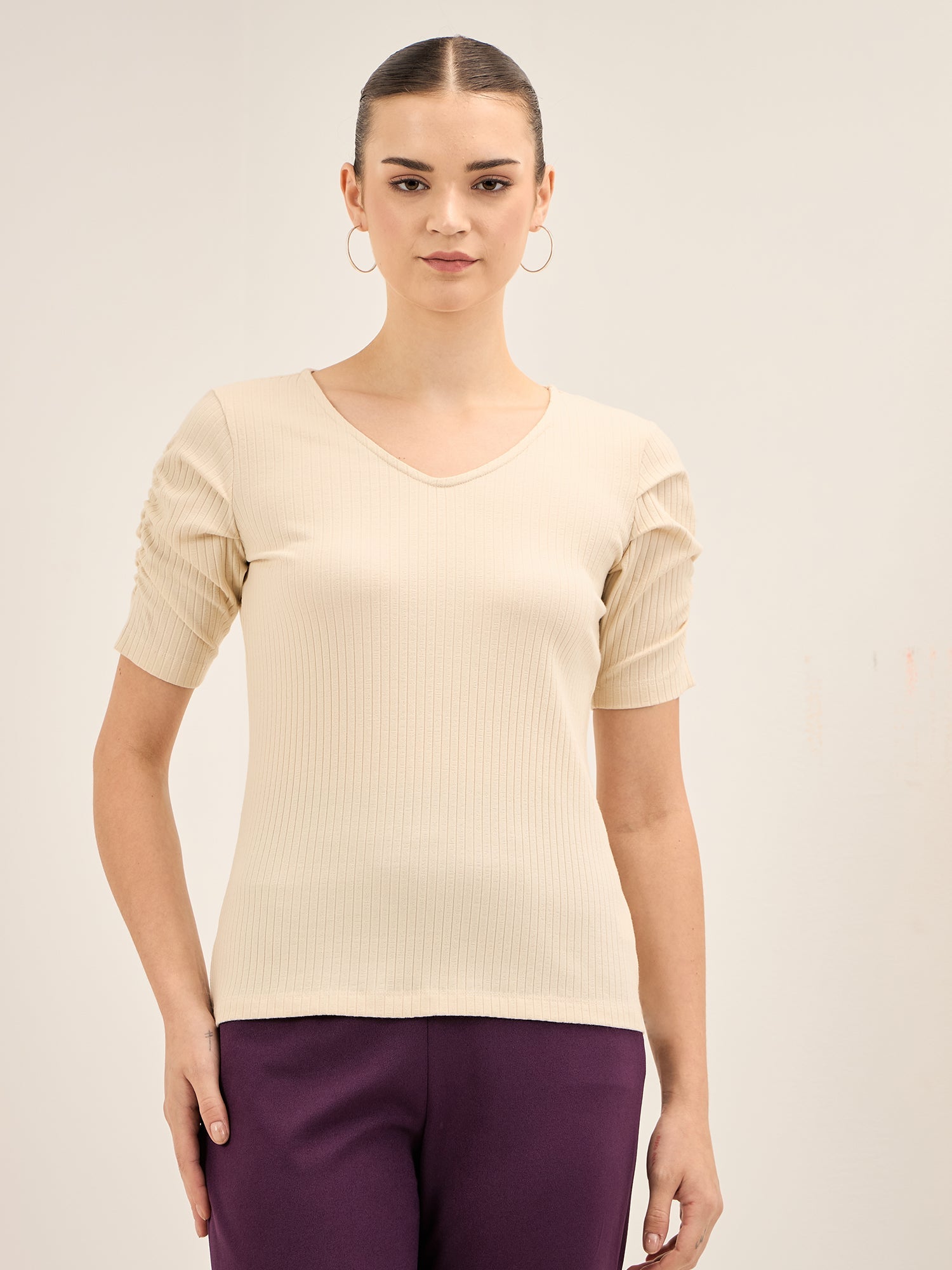 Leisure Tee-Off White Ruched Sleeves T-Shirt - Off White