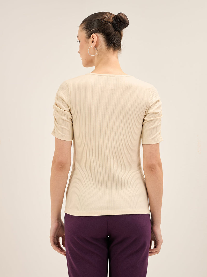 Leisure Tee-Off White Ruched Sleeves T-Shirt - Off White