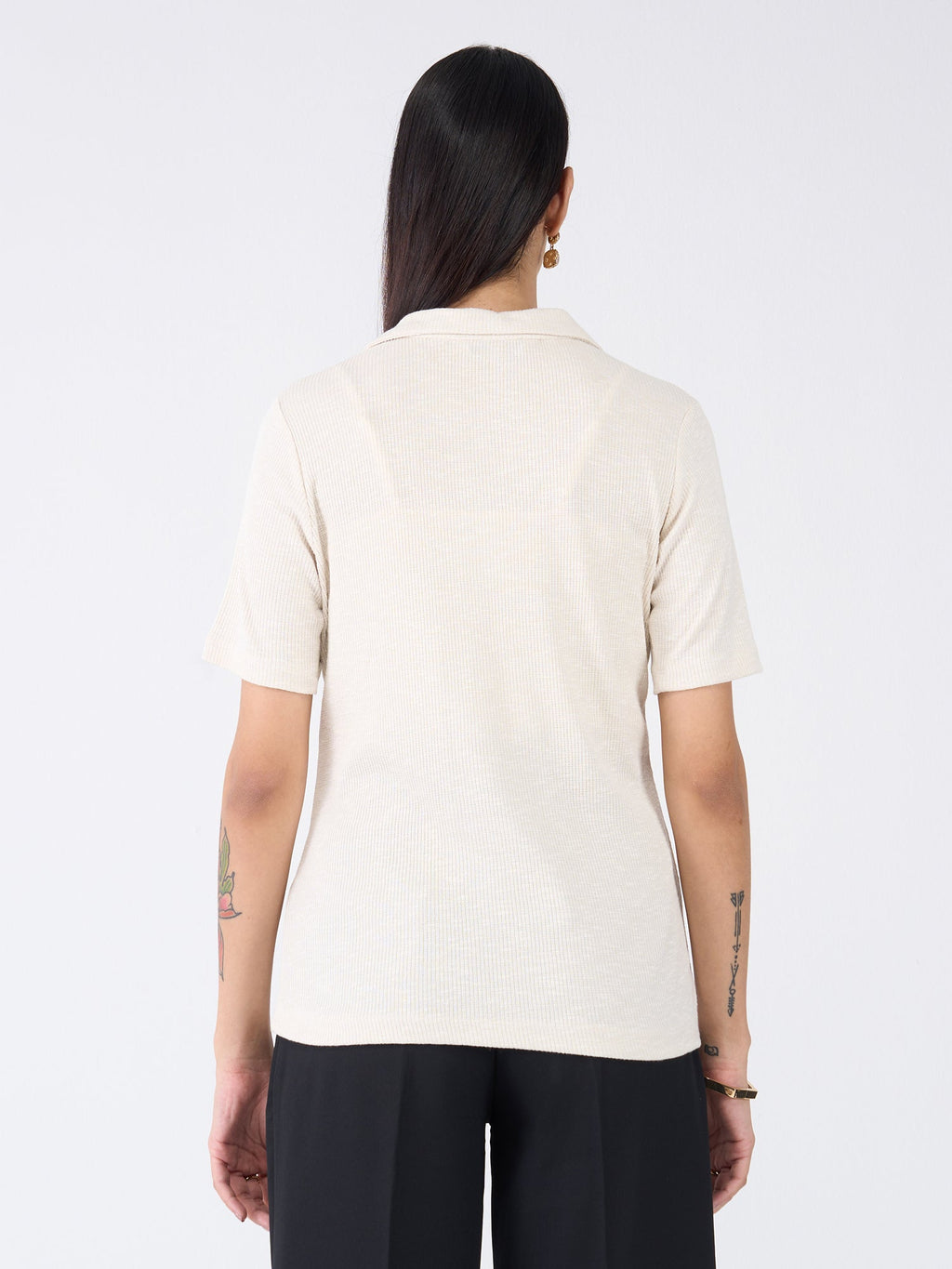 Woody Collared Rib Knit Top - Pearl White