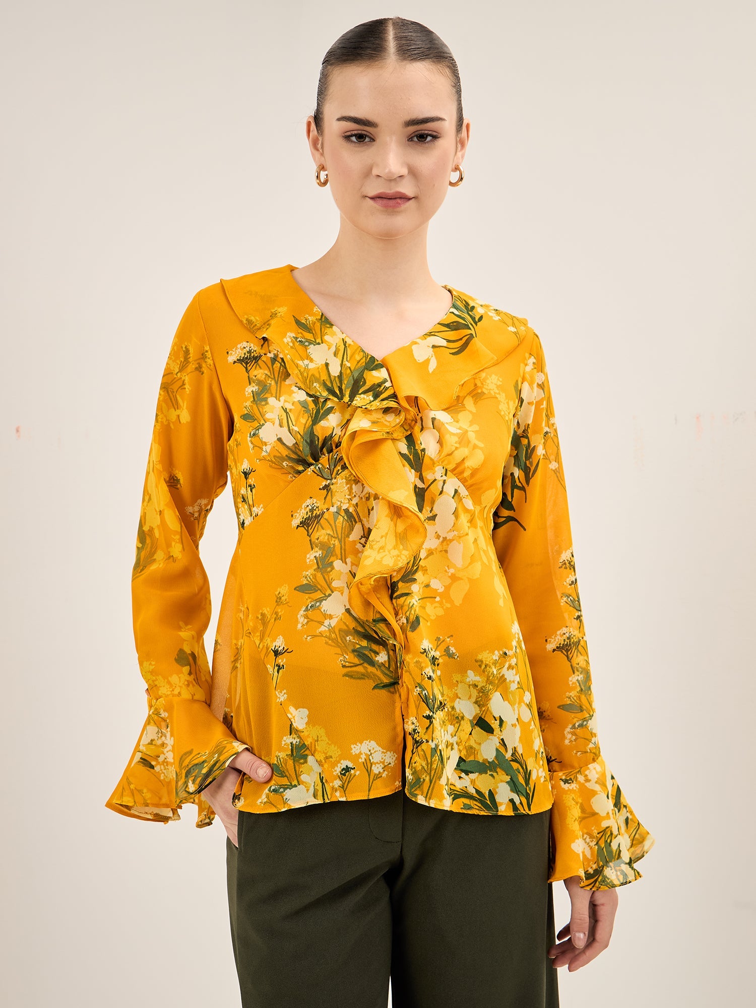 Flouncy Floral Ruffled Neckline Top - Multicolor