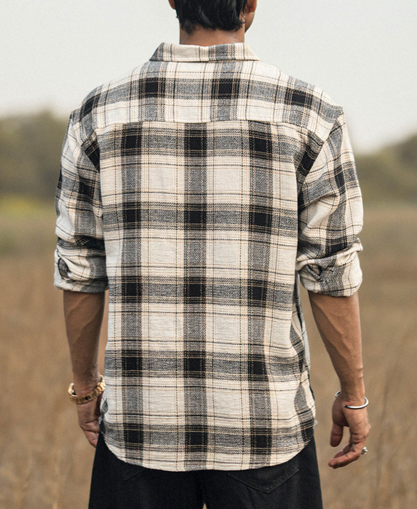 Cream Checked Structured Oversize Drop Shoulder Shirt