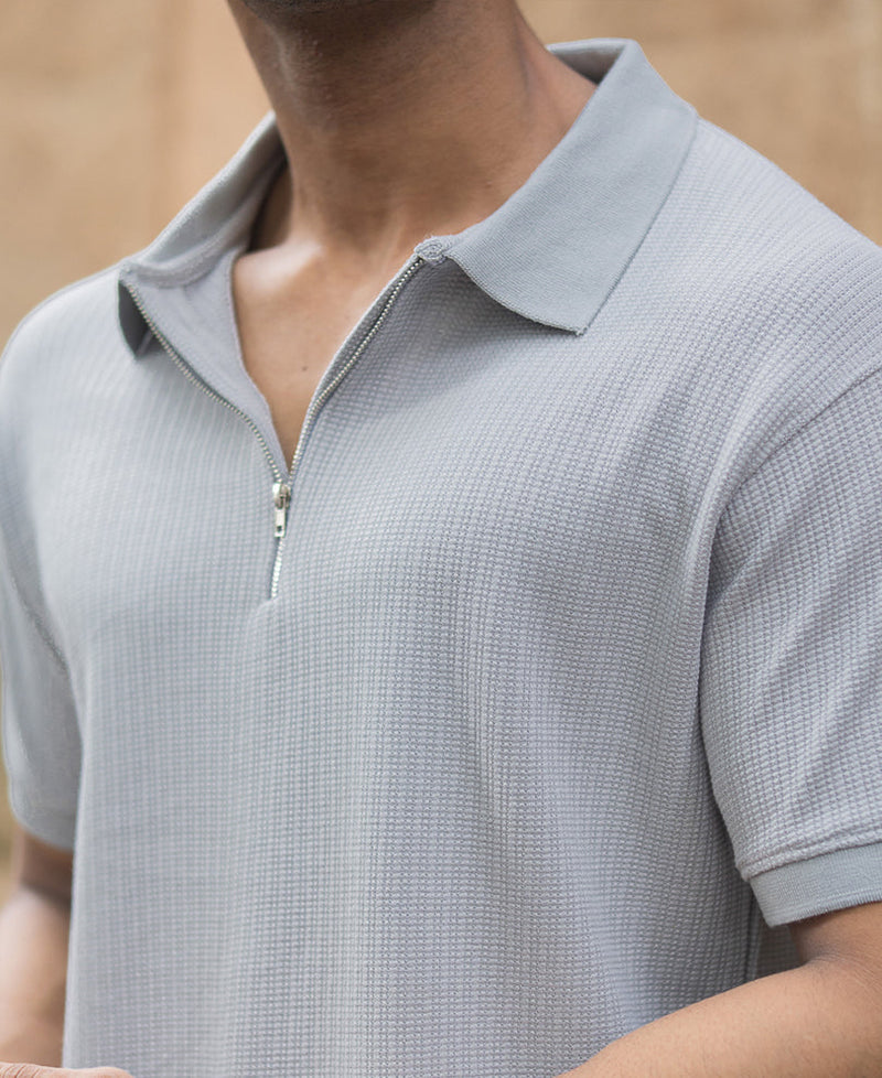 Grey Structured Regular Fit Half Sleeves Zipper T Shirt