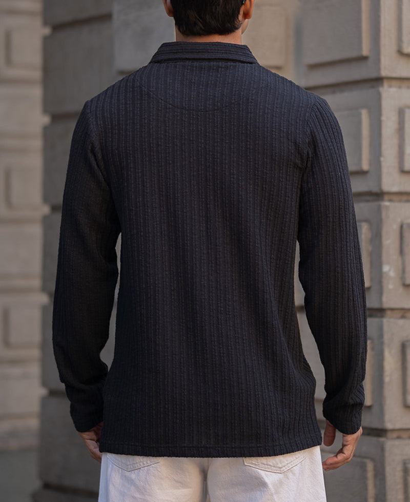 Black Self Stripe Polo T-Shirt