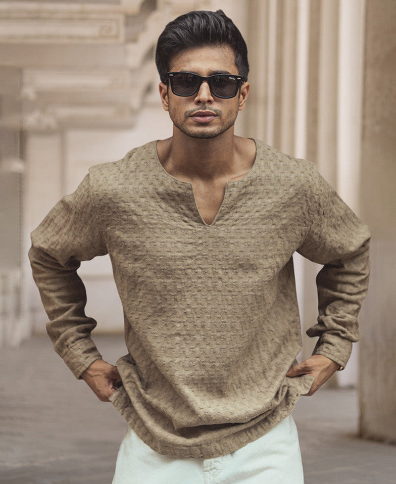 Beige Structured Regular Fit Full Sleeve Kurta Style Shirt
