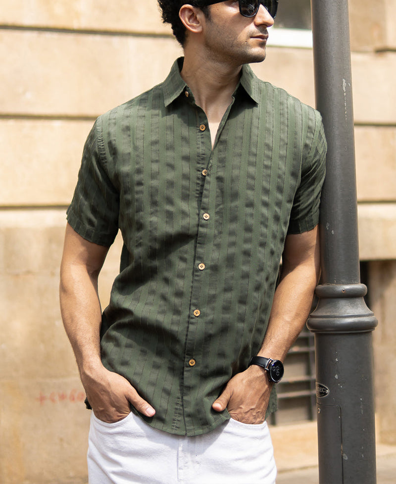 Olive Structured Self Striped Shirt