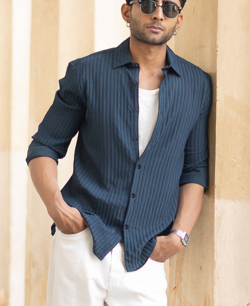 Navy Blue Stripes Full Sleeves Regular Fit Shirt