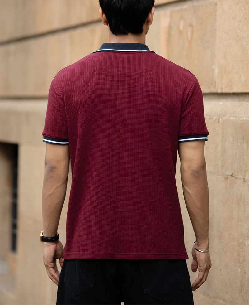Wine Contrast Collar T-Shirt