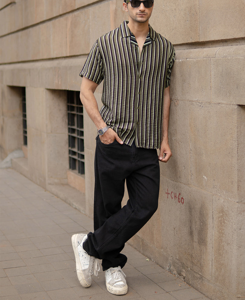 Olive Striped Flowy Shirt