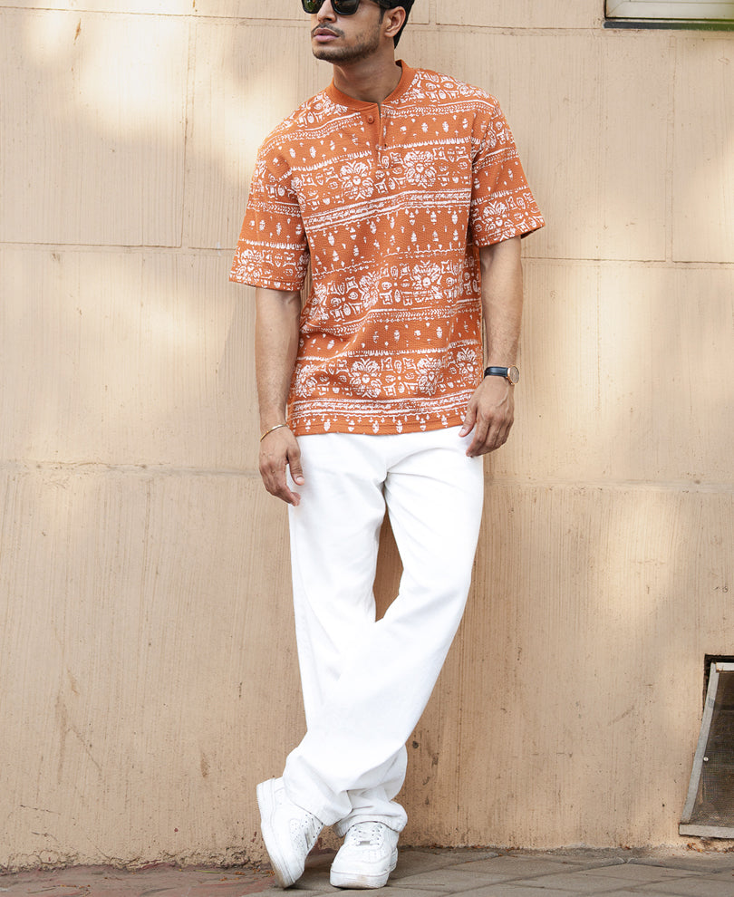 Tan Printed Henley T-Shirt
