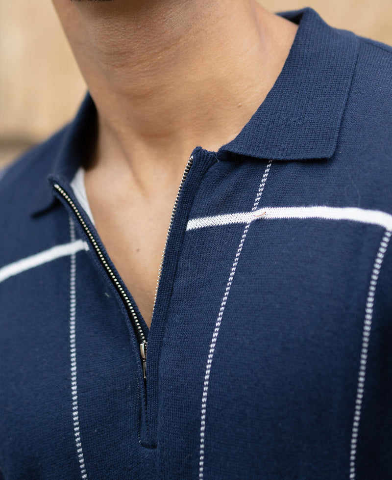 Navy Knitted Checks T-Shirt