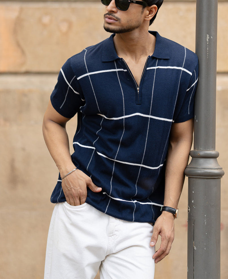 Navy Knitted Checks T-Shirt