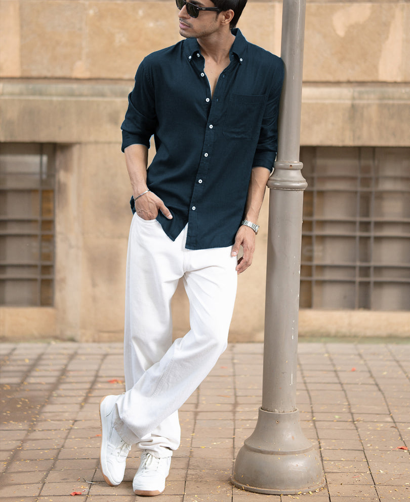 Airforce Blue Linen Blend Shirt