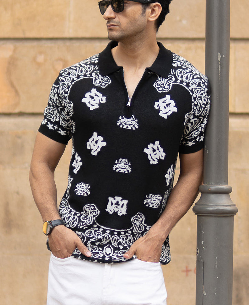 Black Bandana Knit Polo T-Shirt
