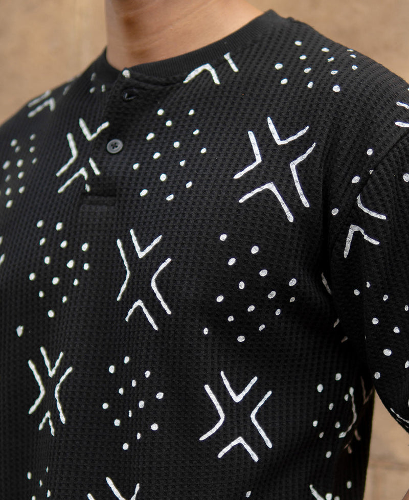 Black Structured Printed Henley T-Shirt