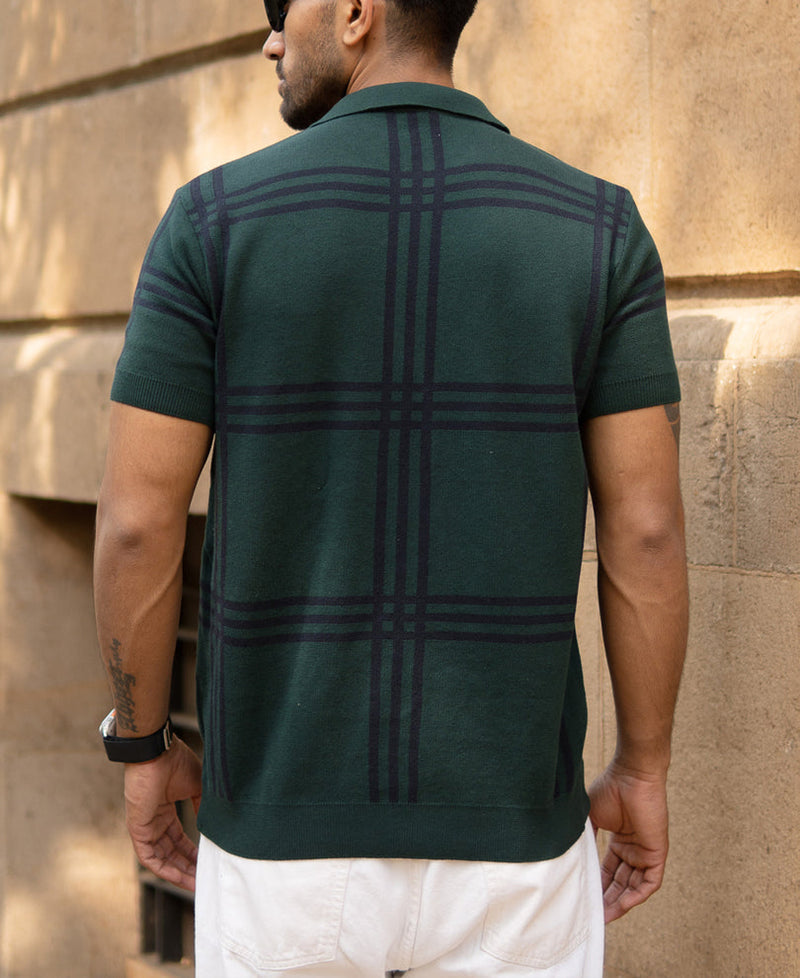 Forest Green Knitted Checks T-Shirt