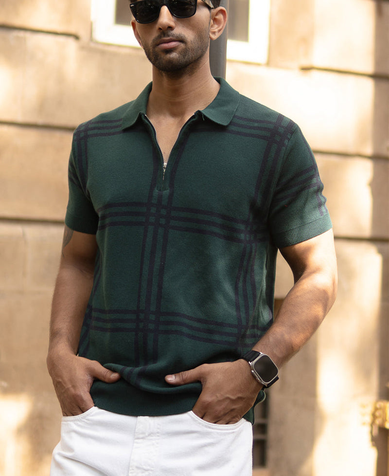 Forest Green Knitted Checks T-Shirt