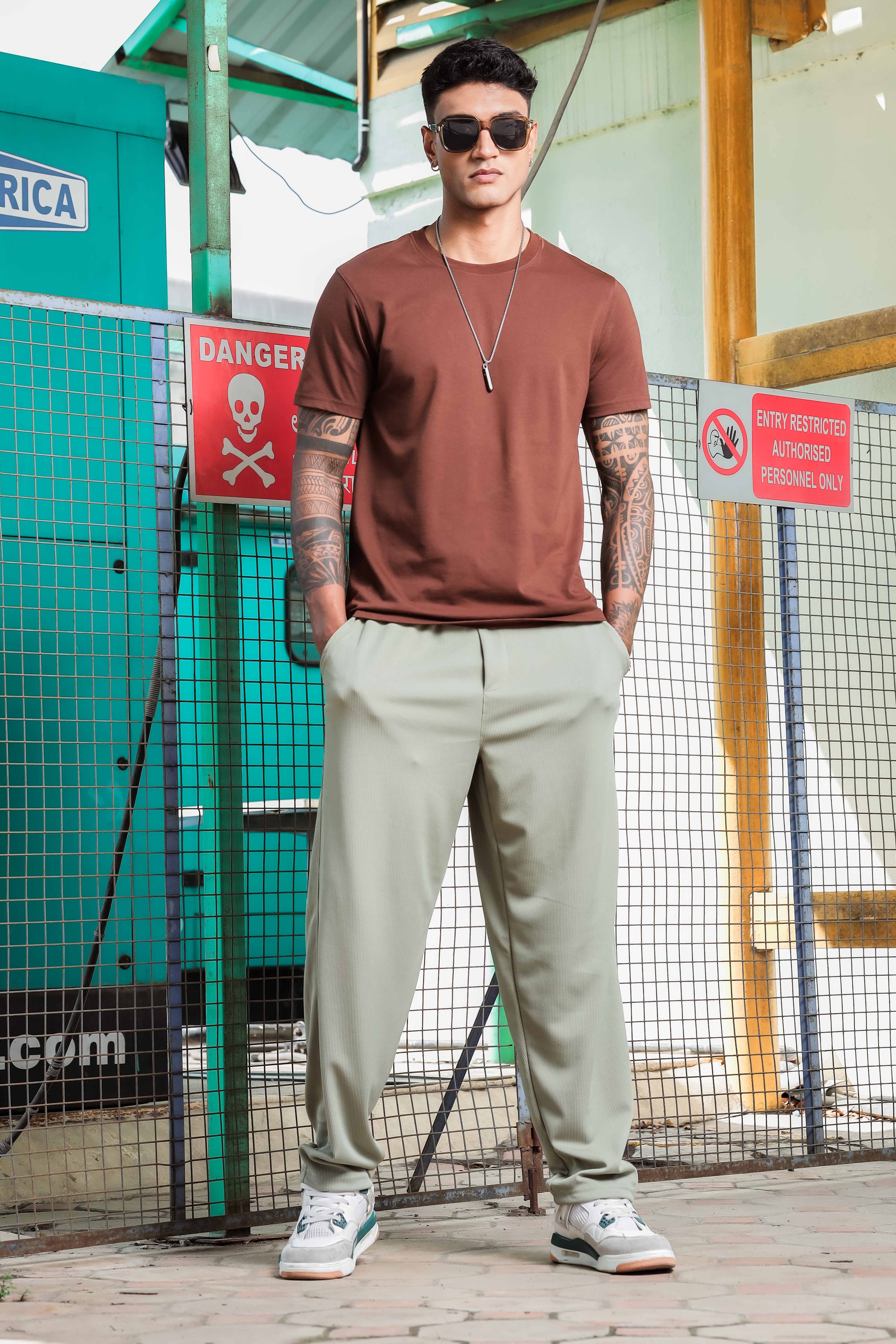 Olive Ribbed Relaxed-Fit Mid-Rise Track Pant