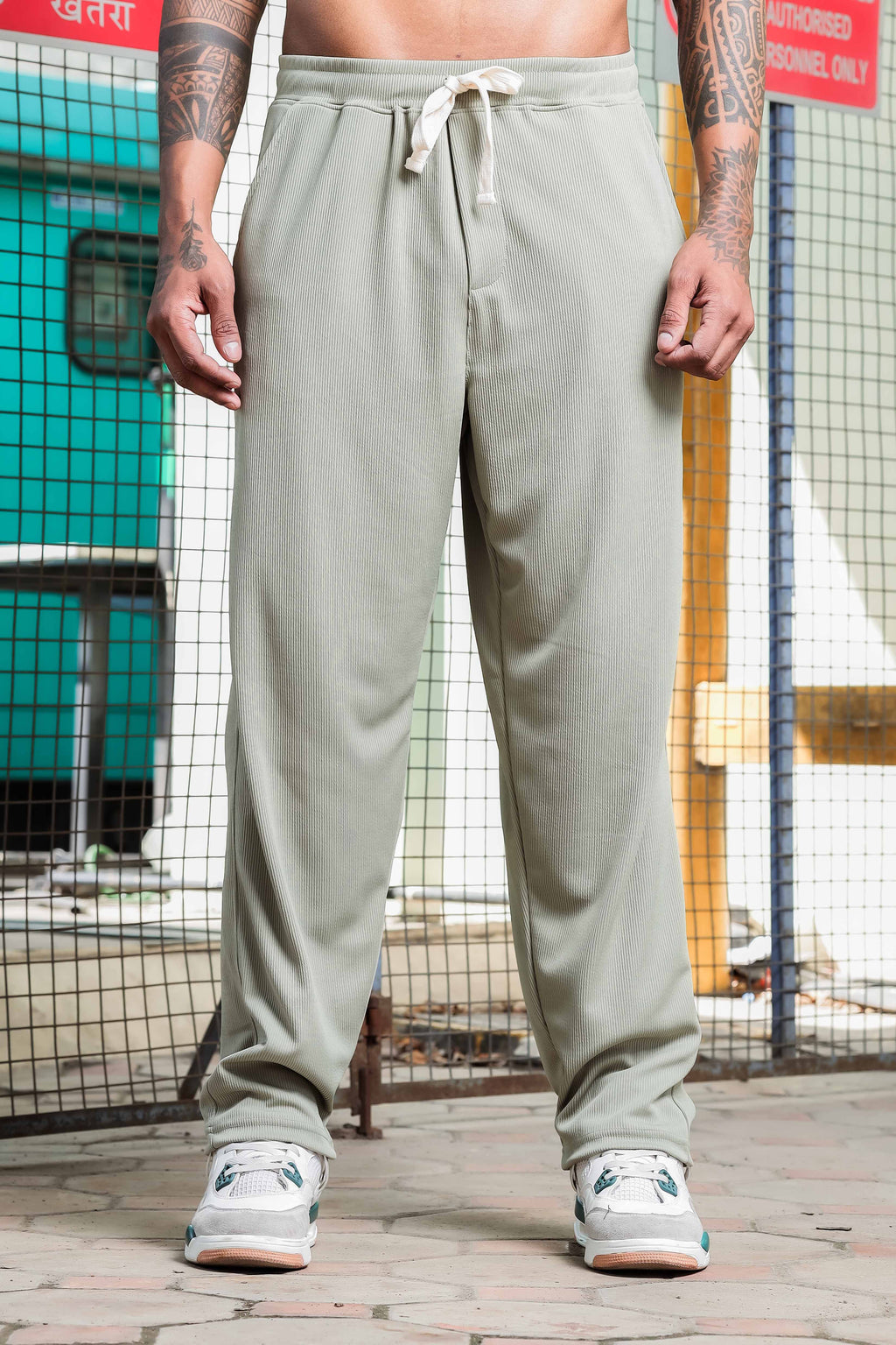 Olive Ribbed Relaxed-Fit Mid-Rise Track Pant
