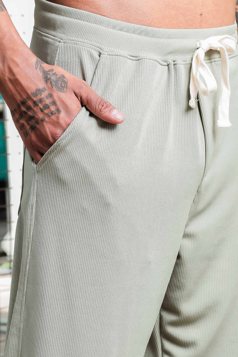 Olive Ribbed Relaxed-Fit Mid-Rise Track Pant