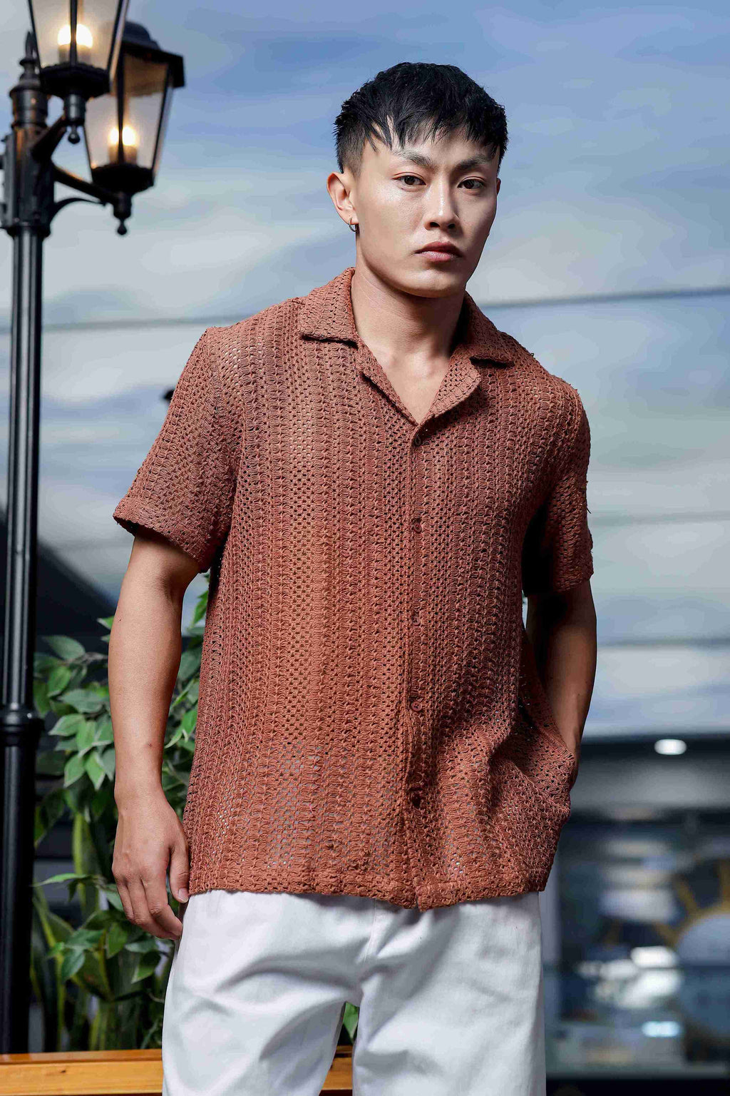 Brown Pure Cotton Crochet Resort Shirt