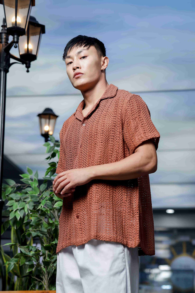 Brown Pure Cotton Crochet Resort Shirt