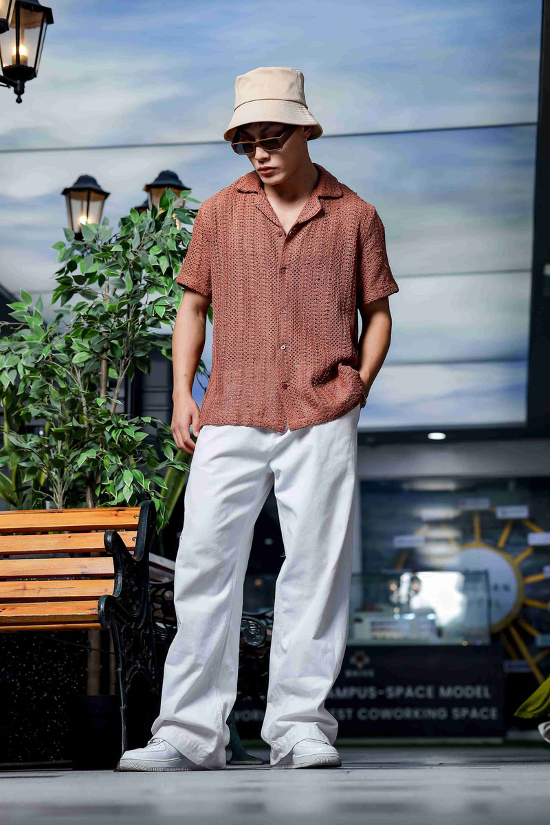Brown Pure Cotton Crochet Resort Shirt