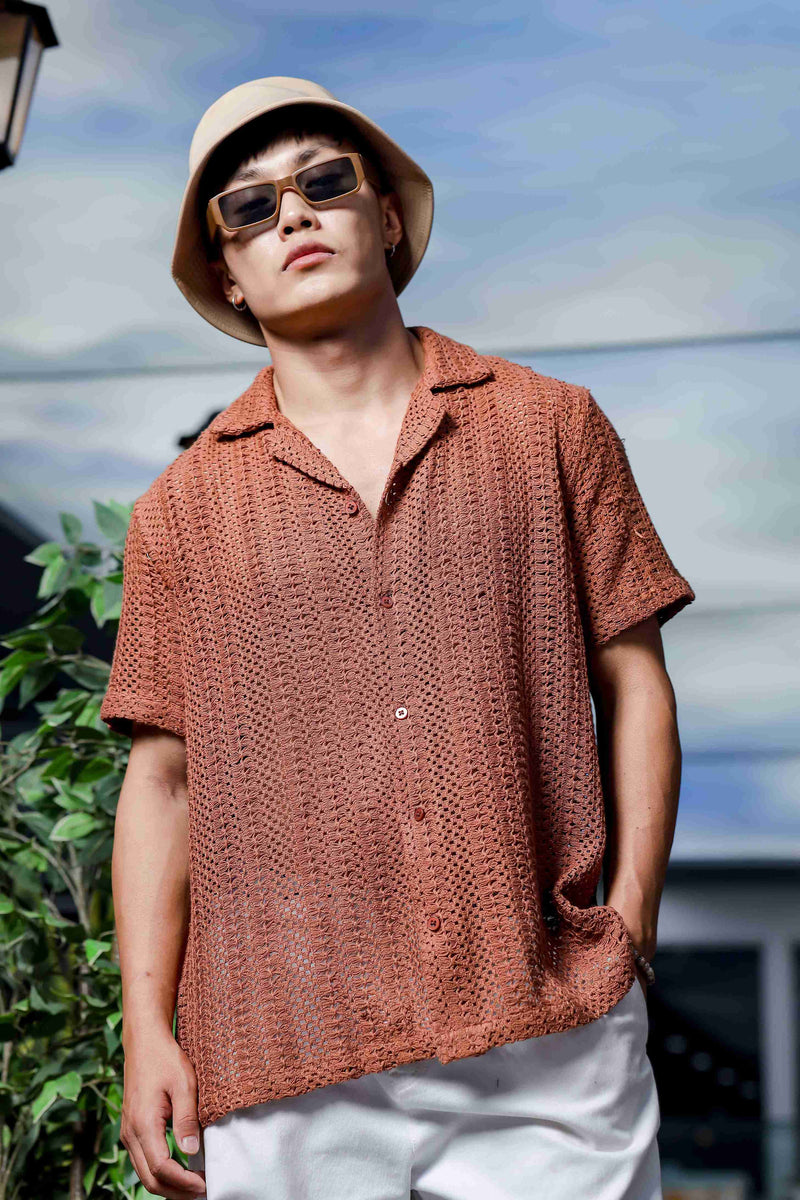 Brown Pure Cotton Crochet Resort Shirt