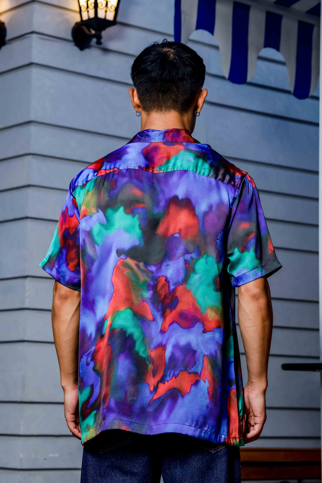Blue Satin Abstract Print Cuban Collar Oversized Party Wear Shirt
