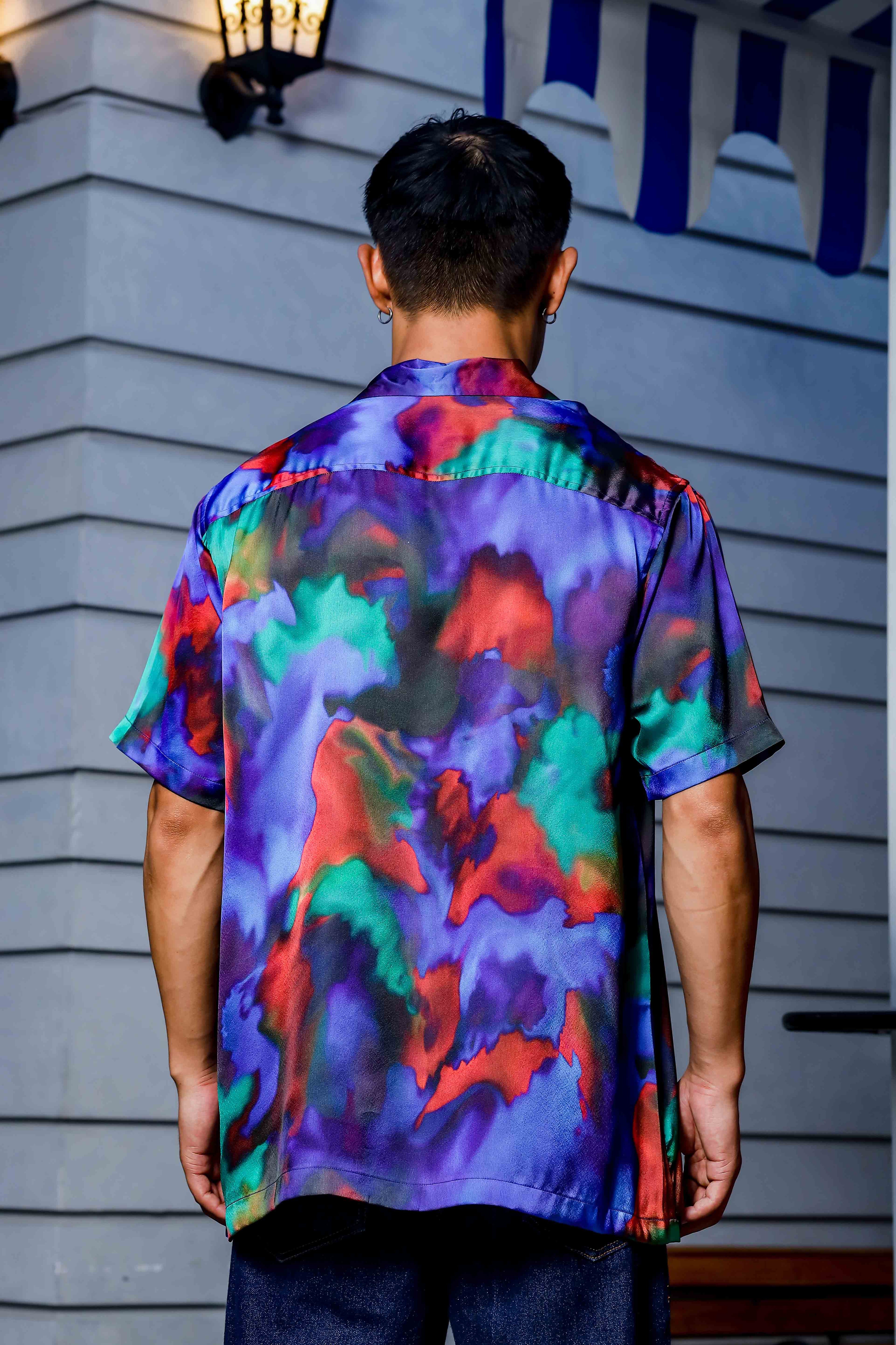 Blue Satin Abstract Print Cuban Collar Oversized Party Wear Shirt