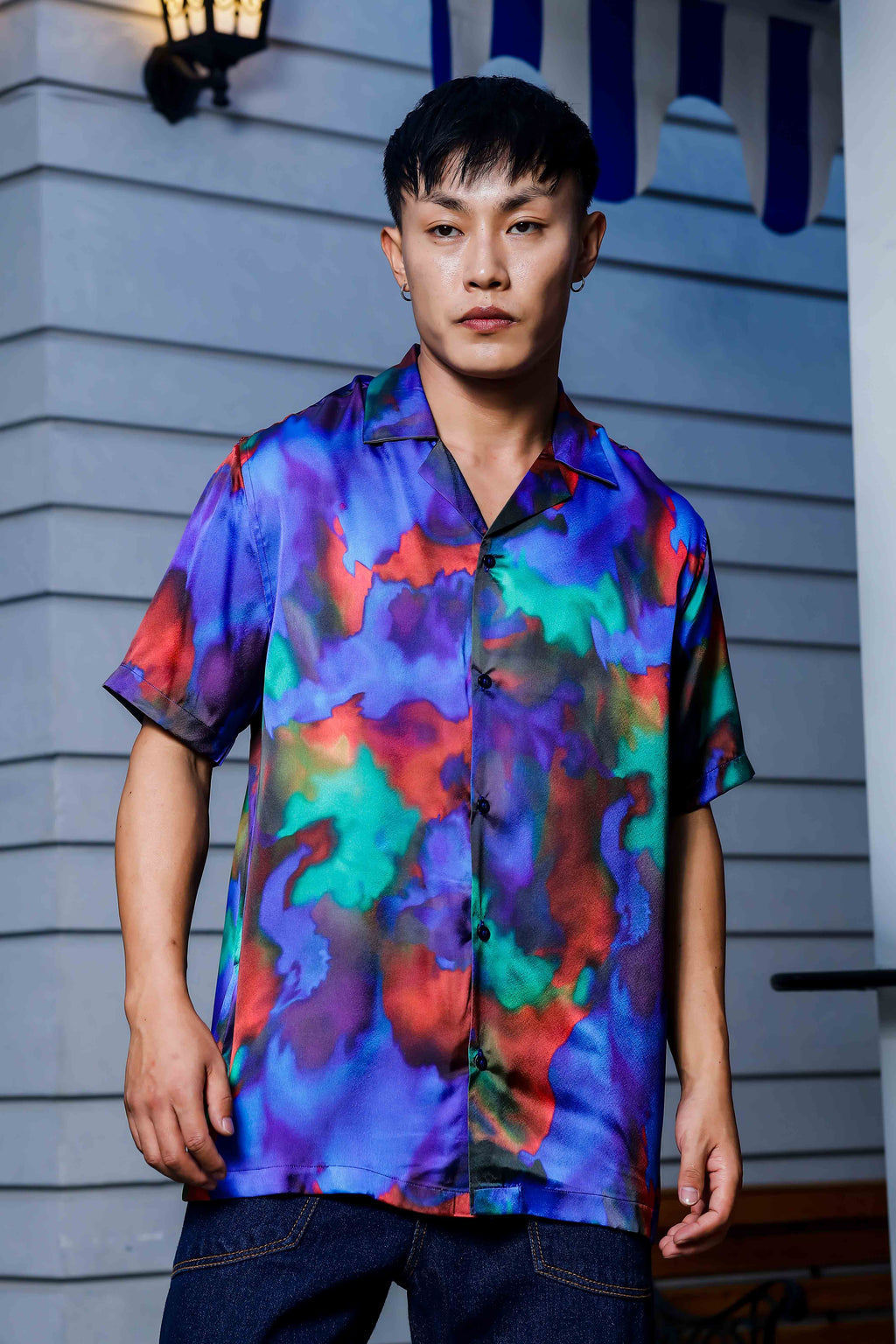 Blue Satin Abstract Print Cuban Collar Oversized Party Wear Shirt