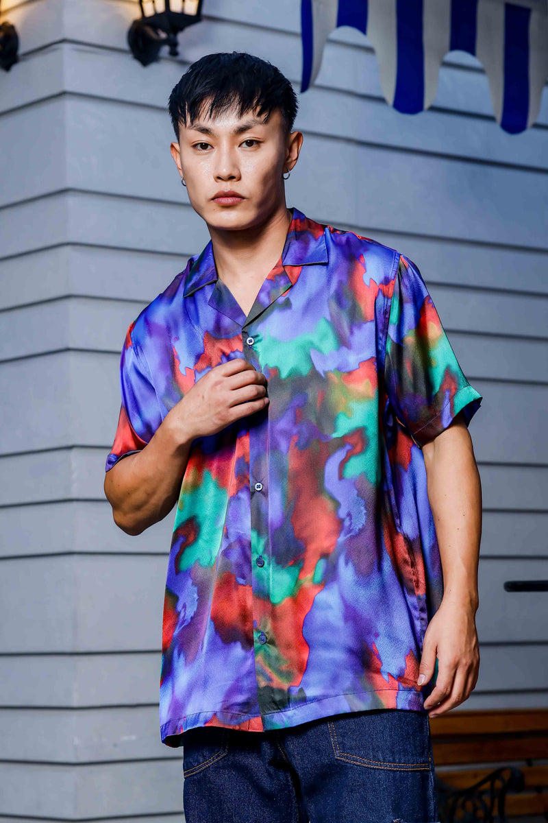 Blue Satin Abstract Print Cuban Collar Oversized Party Wear Shirt
