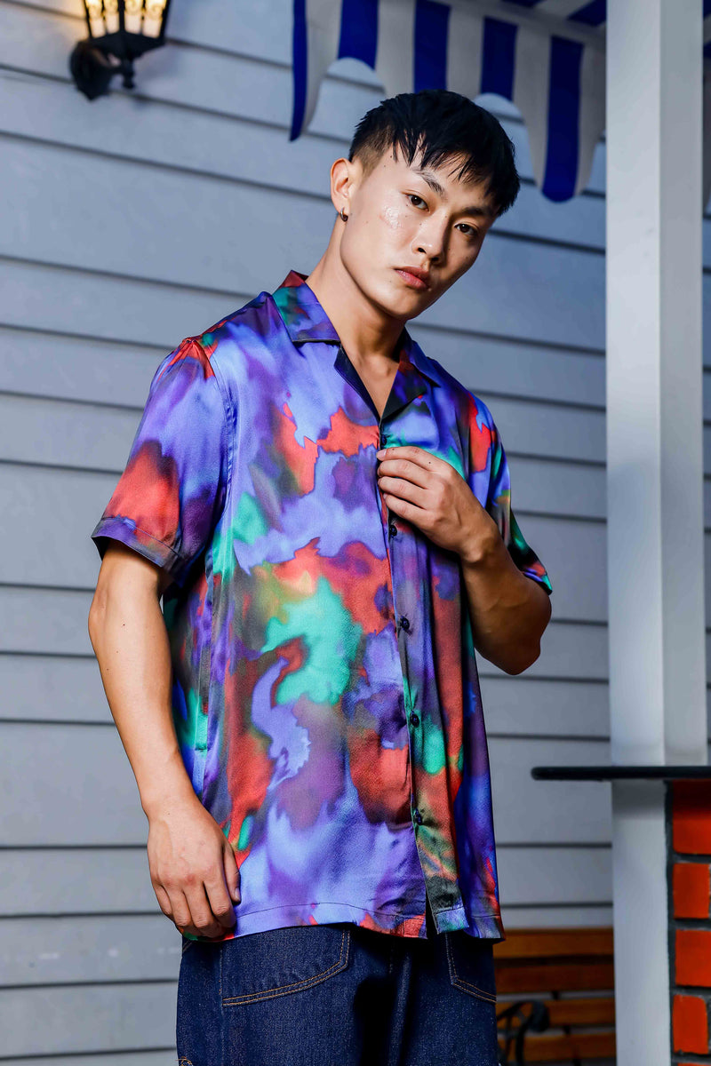 Blue Satin Abstract Print Cuban Collar Oversized Party Wear Shirt
