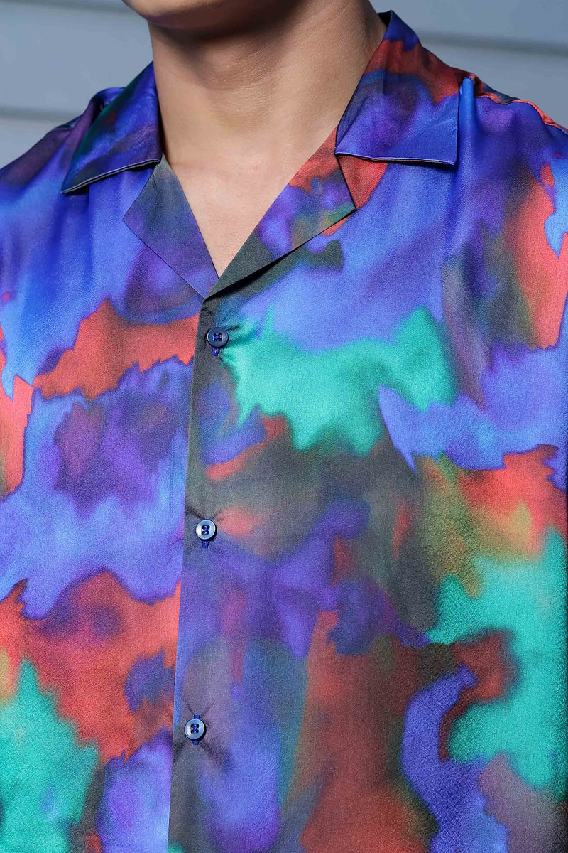Blue Satin Abstract Print Cuban Collar Oversized Party Wear Shirt