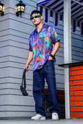 Blue Satin Abstract Print Cuban Collar Oversized Party Wear Shirt