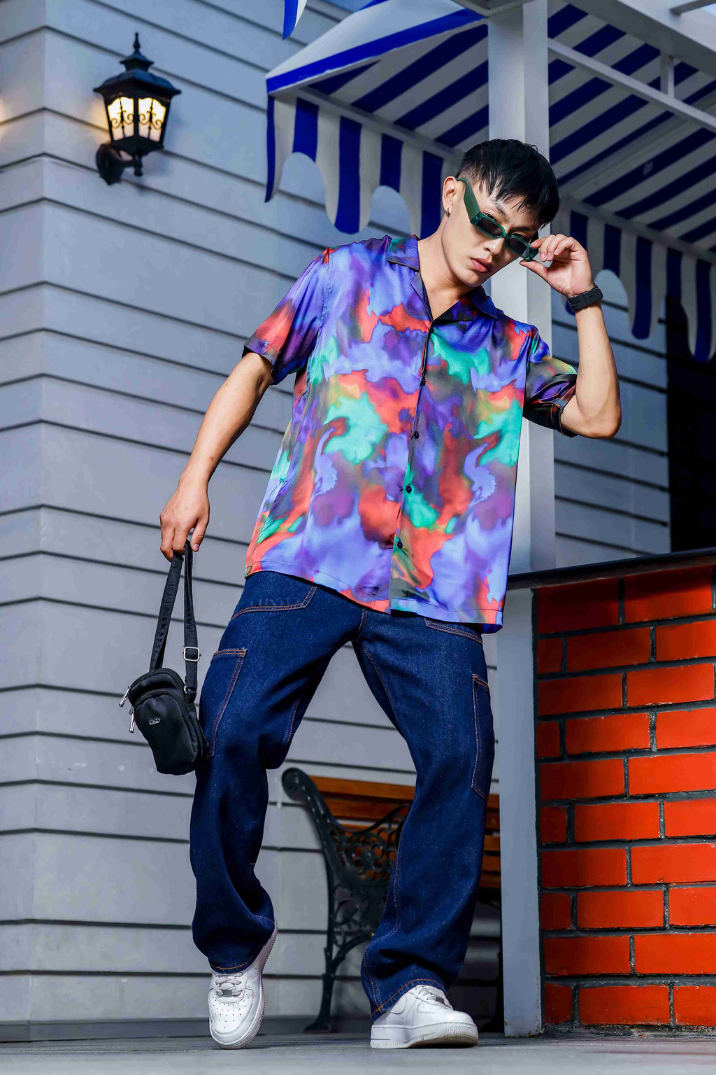 Blue Satin Abstract Print Cuban Collar Oversized Party Wear Shirt