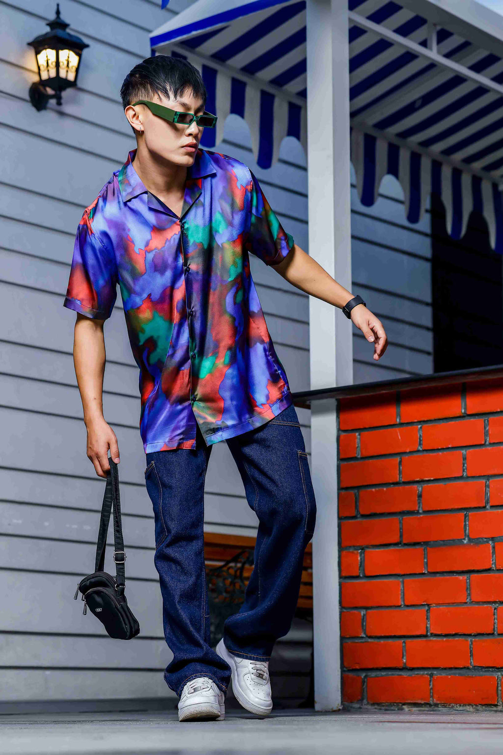 Blue Satin Abstract Print Cuban Collar Oversized Party Wear Shirt