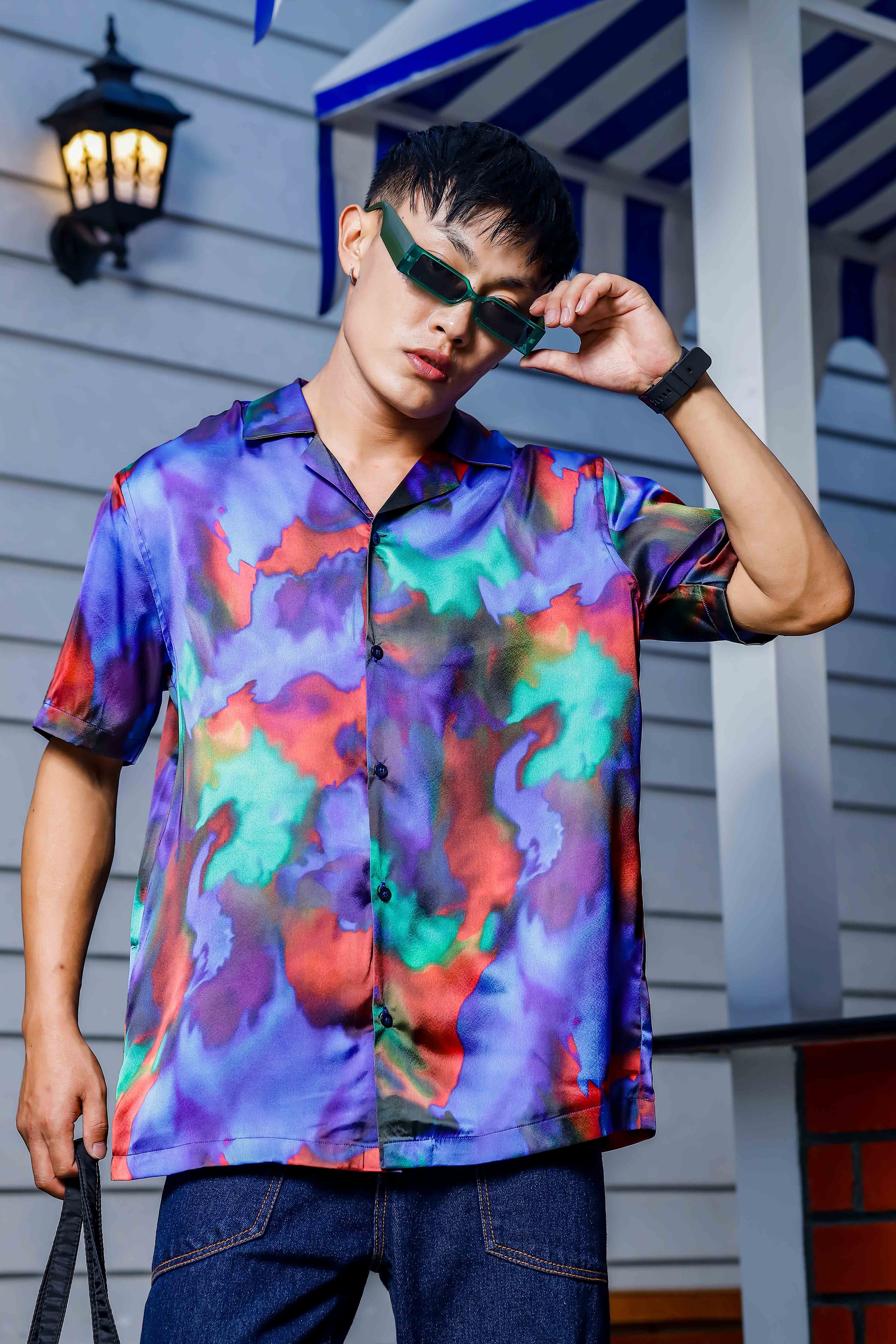 Blue Satin Abstract Print Cuban Collar Oversized Party Wear Shirt
