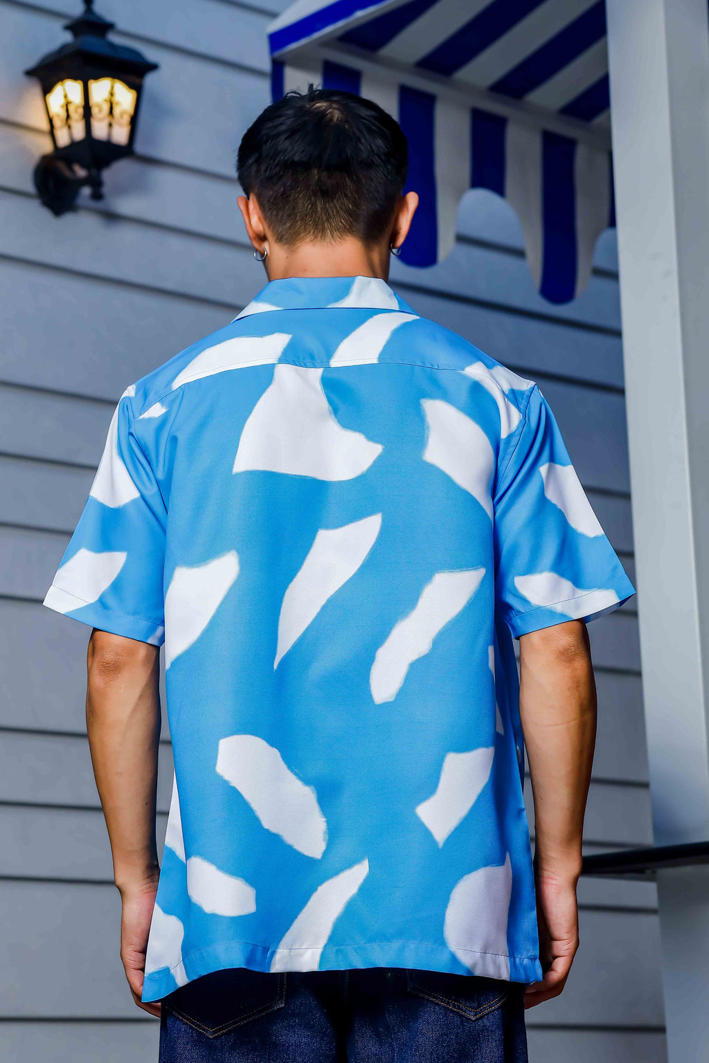 Blue Abstract Print Cuban Collar Oversized Resort Shirt