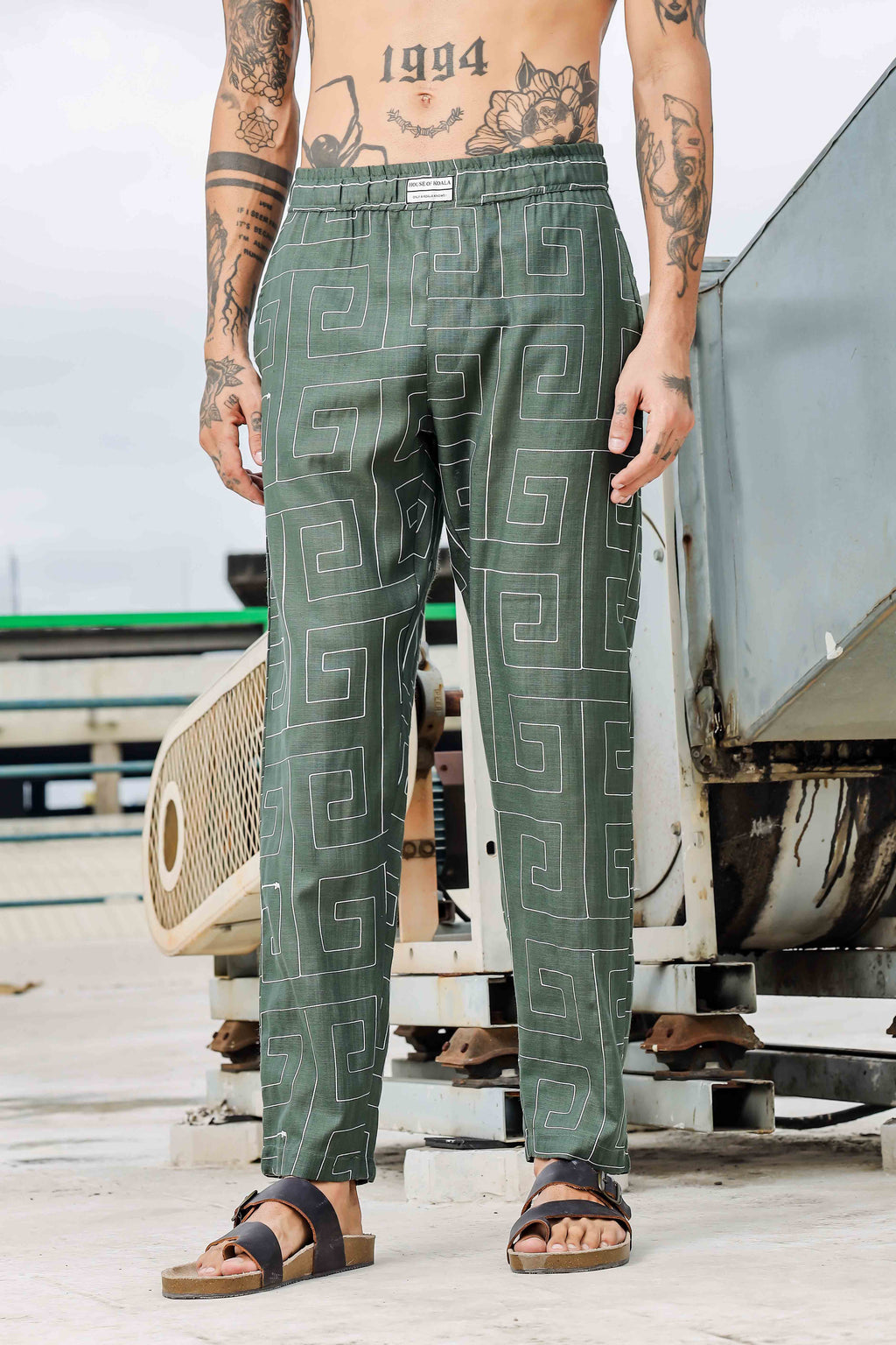 Olive Linen Blend Embroidered Relaxed Fit All Day Pants