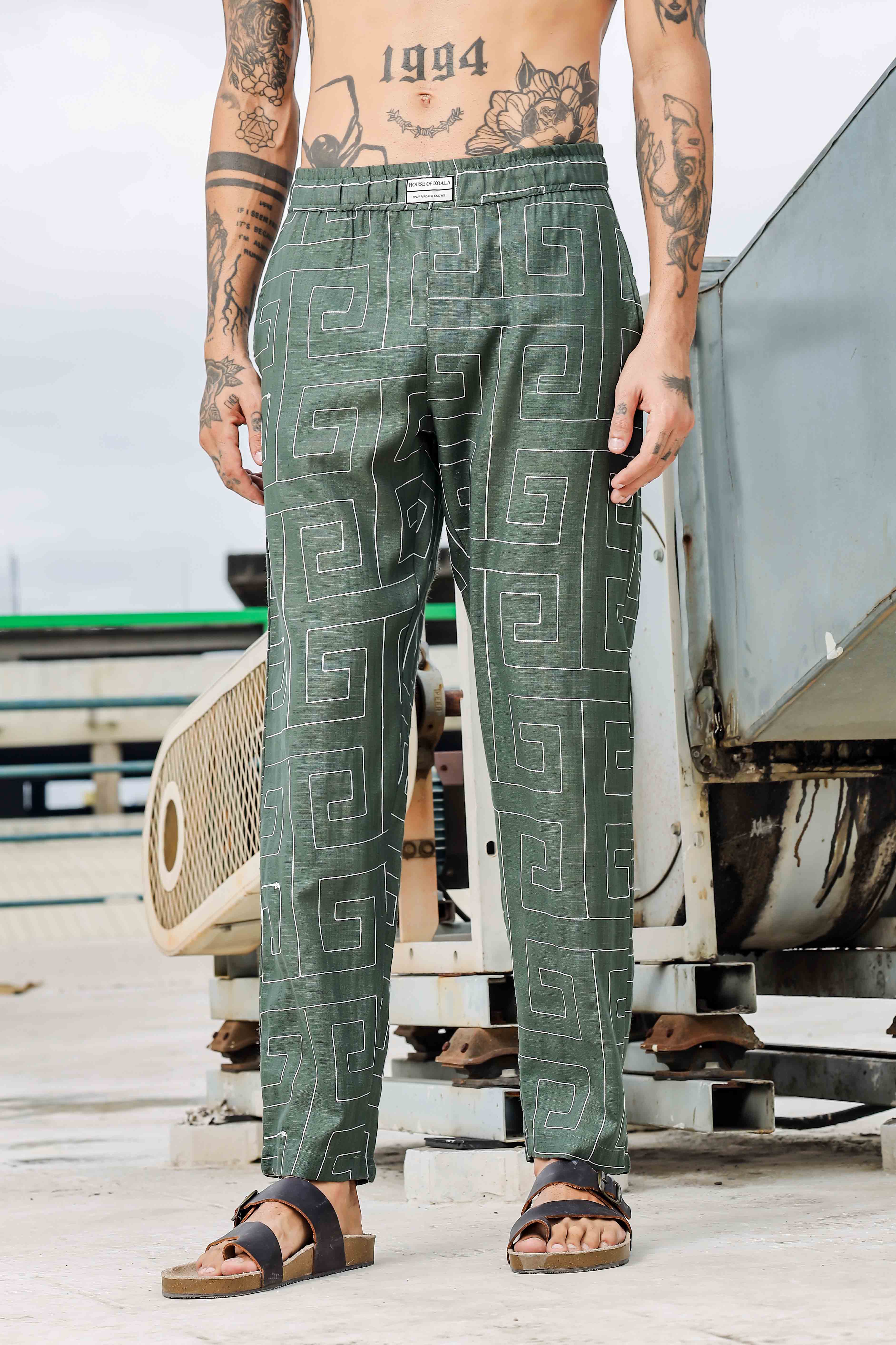 Olive Linen Blend Embroidered Relaxed Fit All Day Pants
