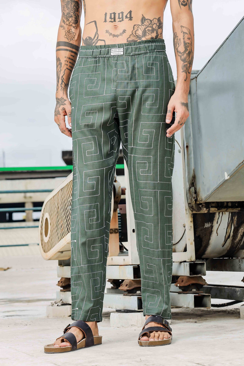 Olive Linen Blend Embroidered Relaxed Fit All Day Pants