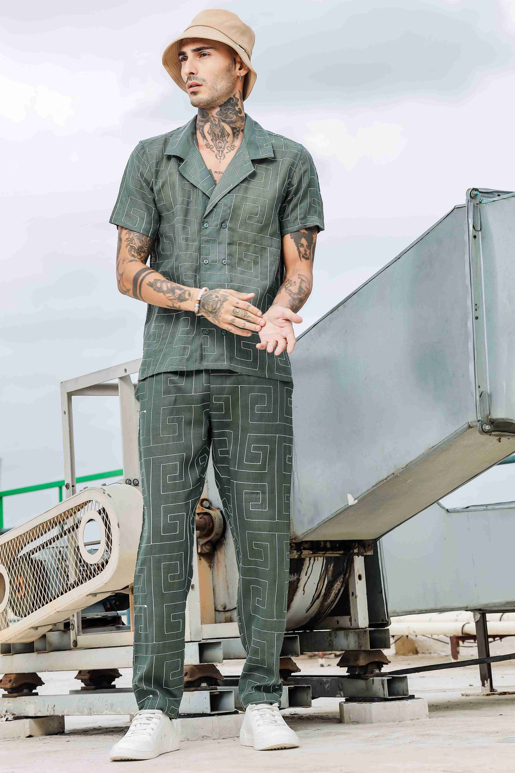 Olive Linen Blend Embroidered Relaxed Fit All Day Pants