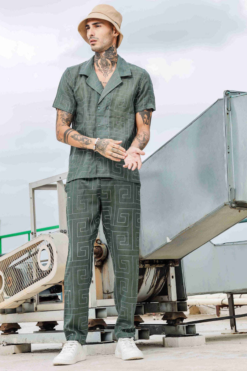 Olive Linen Blend Embroidered Relaxed Fit All Day Pants