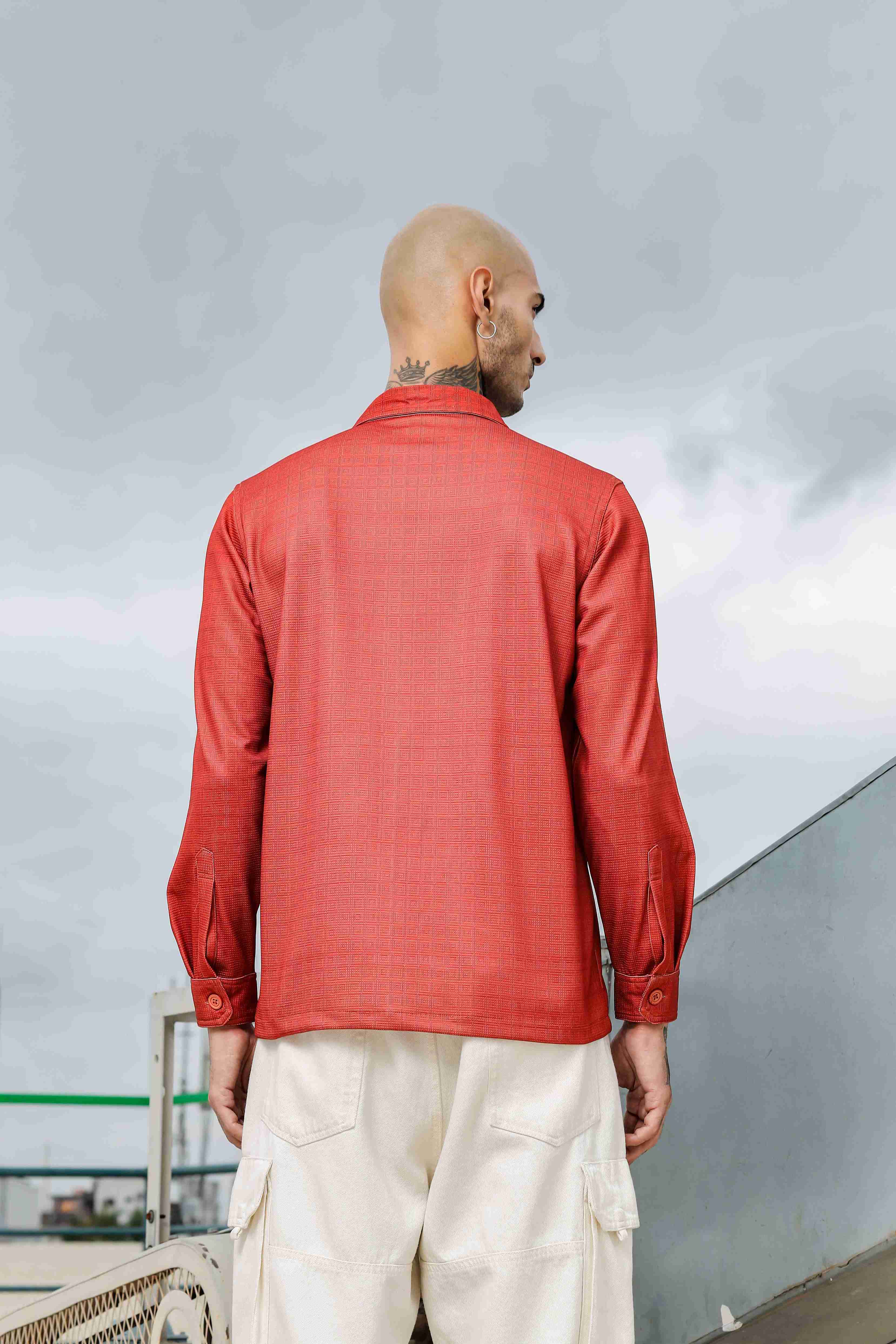 Oversized Rust Textured Double Pocket Shirt Shacket