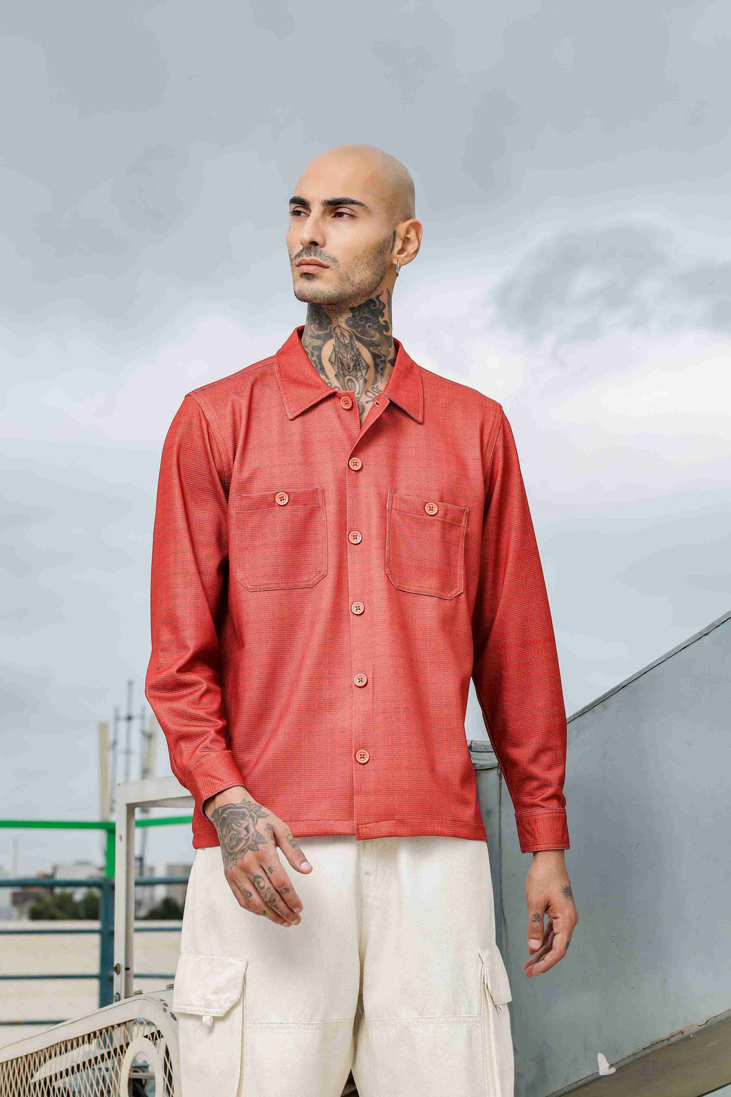 Oversized Rust Textured Double Pocket Shirt Shacket