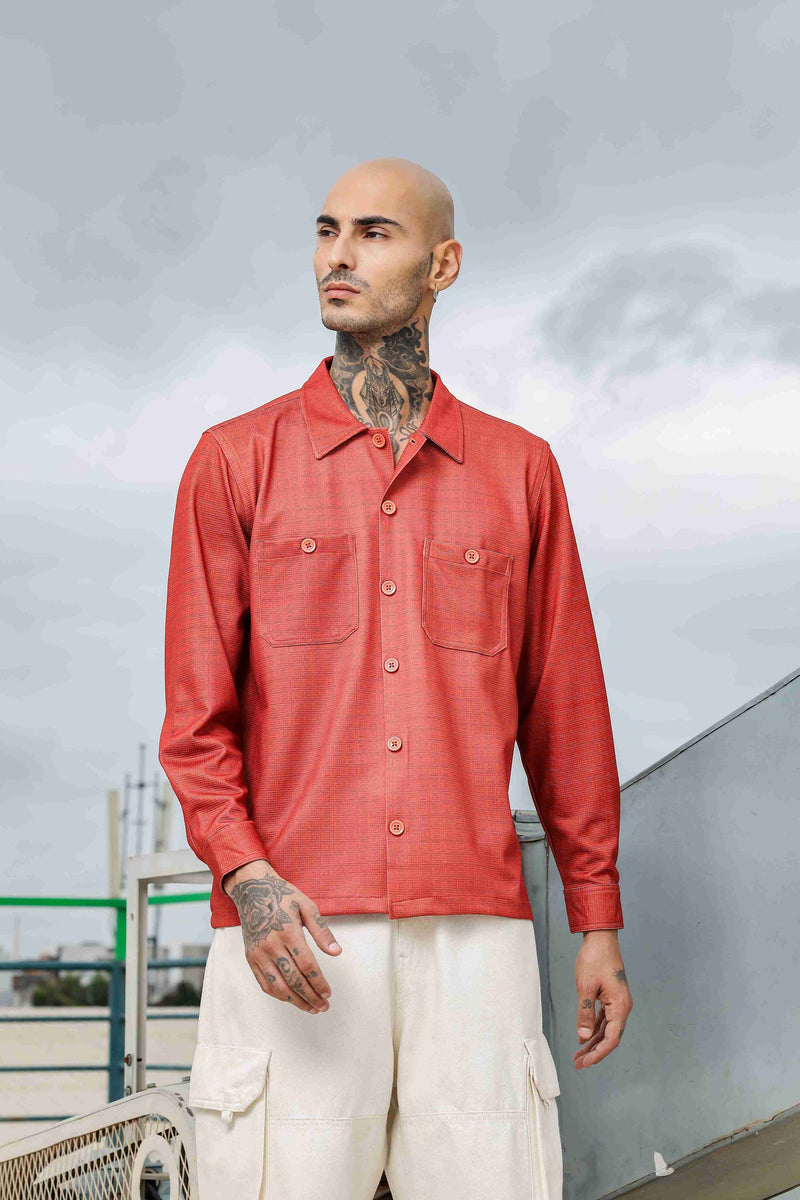 Oversized Rust Textured Double Pocket Shirt Shacket