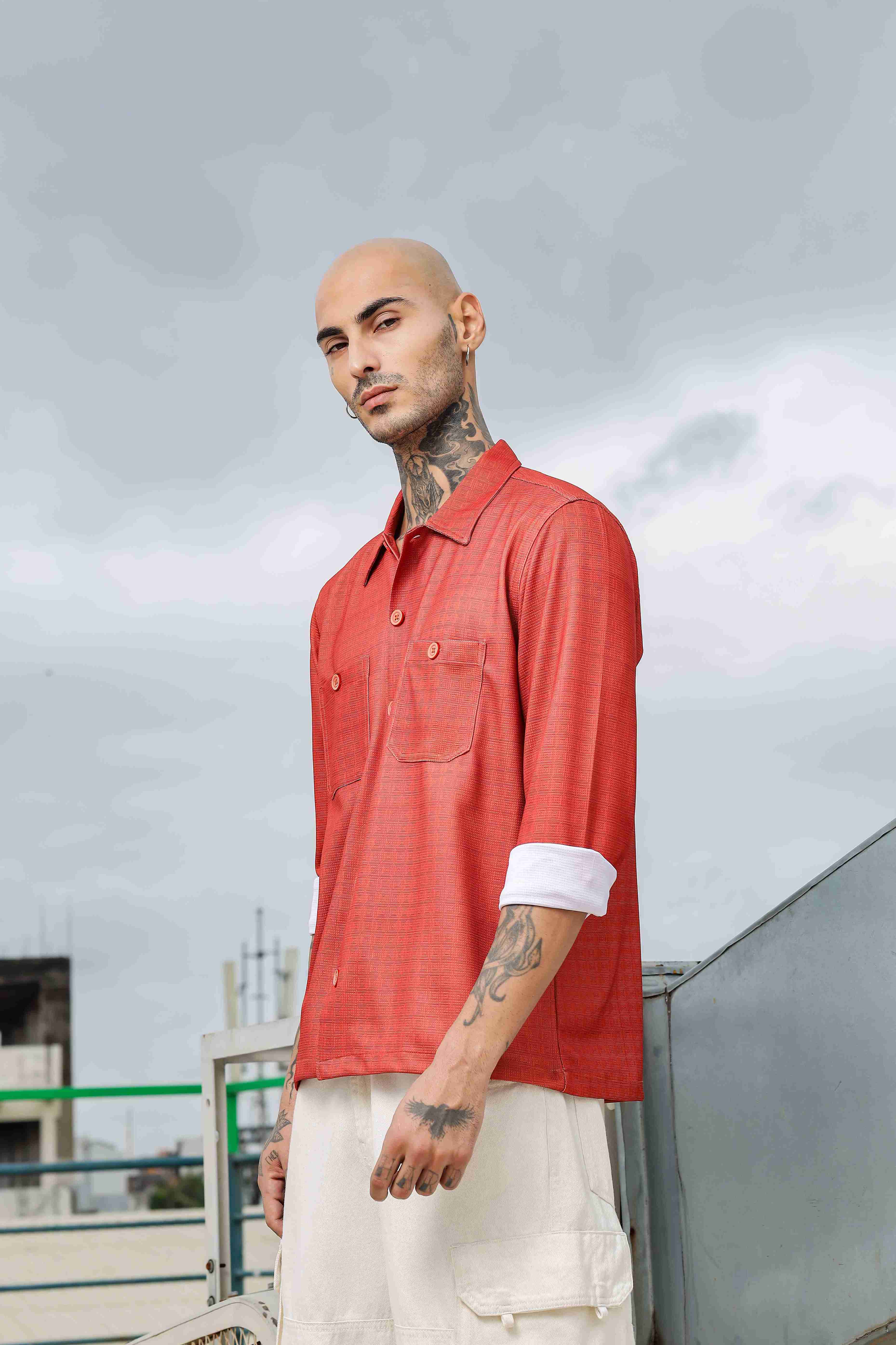 Oversized Rust Textured Double Pocket Shirt Shacket