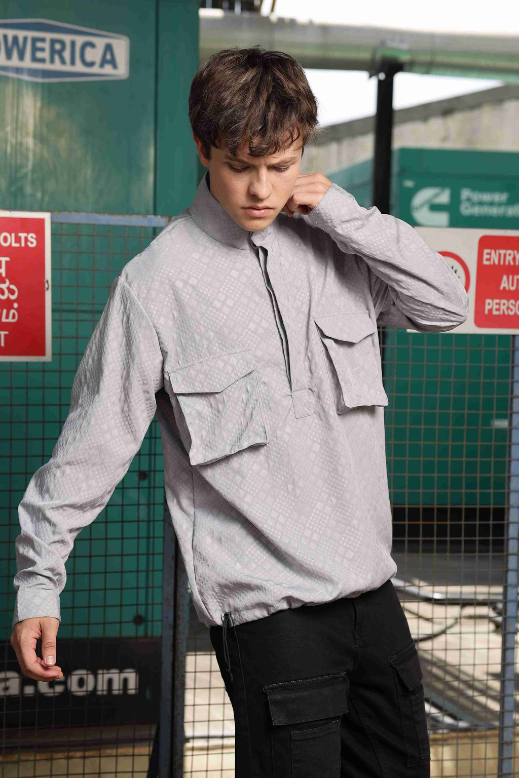 Grey Oversized Jacquard Textured Shacket Pullover